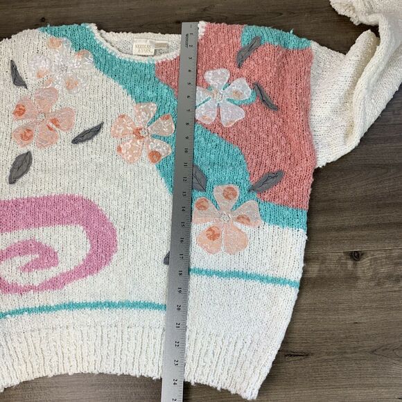 VTG Needles & Yarn Size Large Knit Floral Sweater Women Embellished Ivory Padded - Picture 6 of 10